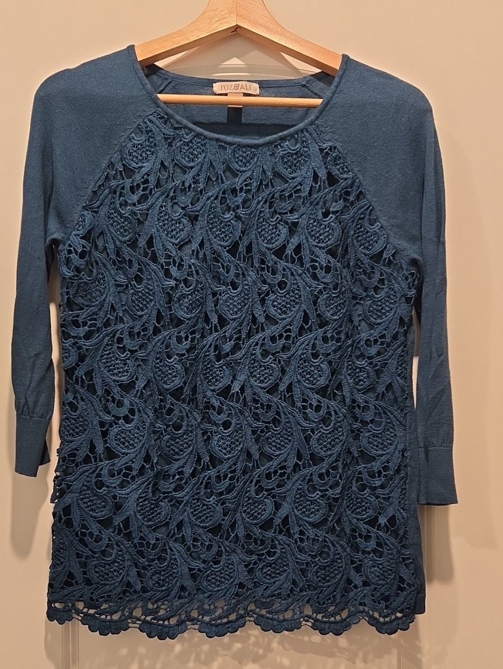 Roz & Ali Teal Crochet Lace Front Knit Tunic